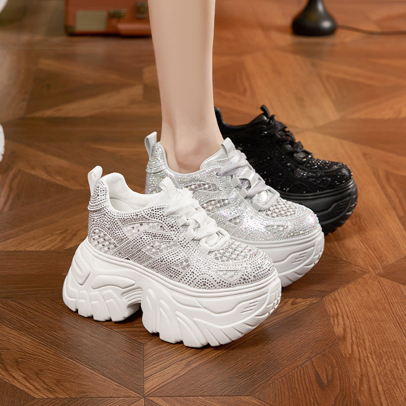 Women's Rhinestone Dad Summer Hollow Mesh Surface Versatile Thick Bottom Height Men's Shoes