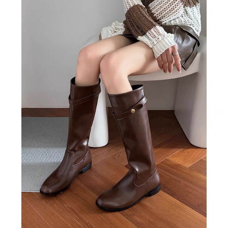 Women's Black Gold Coin Chunky Platform Long Tube Knight High Straight Women's Leather Boots