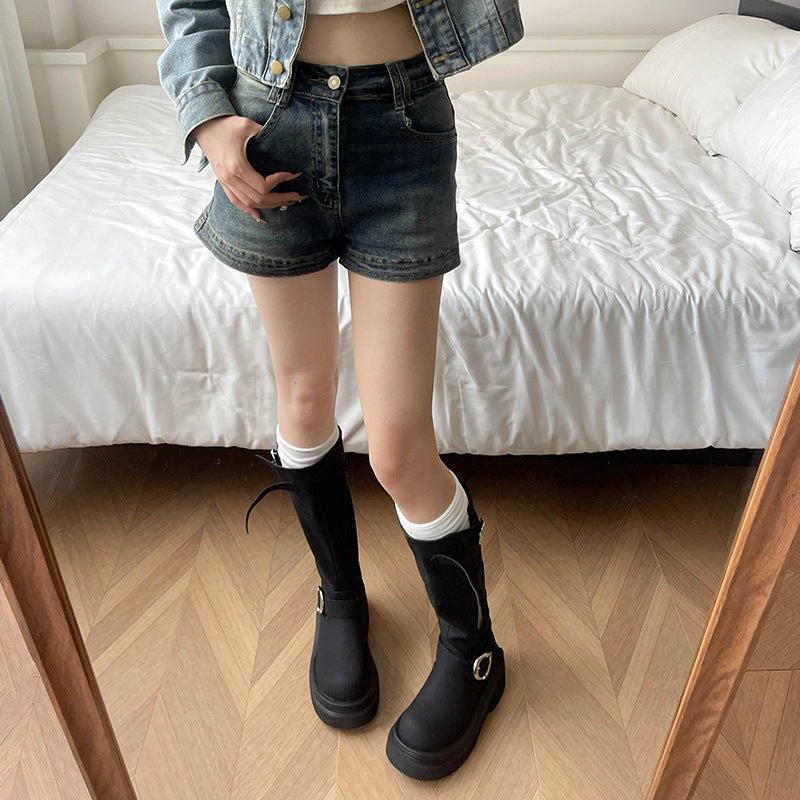 Women's Popular Small Height Increasing Thick Bottom Women's Leather Boots