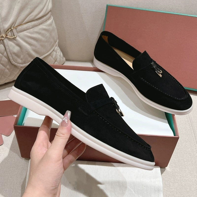 Women's Sheepskin Slip-on Pumps British Tassel Buckle Deep Mouth Loafers