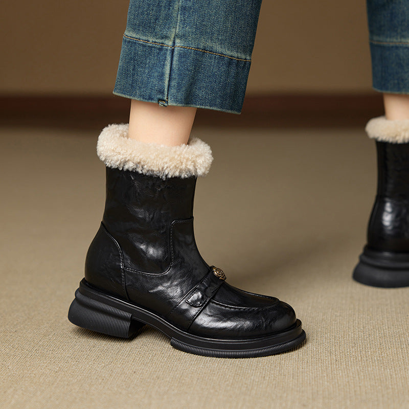 Women's Round Head Thick Bottom Veet Martin Cowhide Wool Platform Women's Leather Boots
