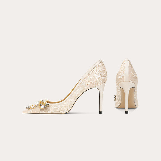 Women's Style Embroidered Mesh Stiletto Bridal Dress Sheepskin Pointed Women's Fashion Shoes