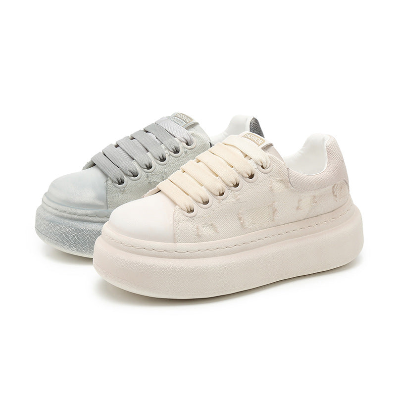 Women's White Autumn Retro Platform Hight Increasing Board Women's Casual Shoes