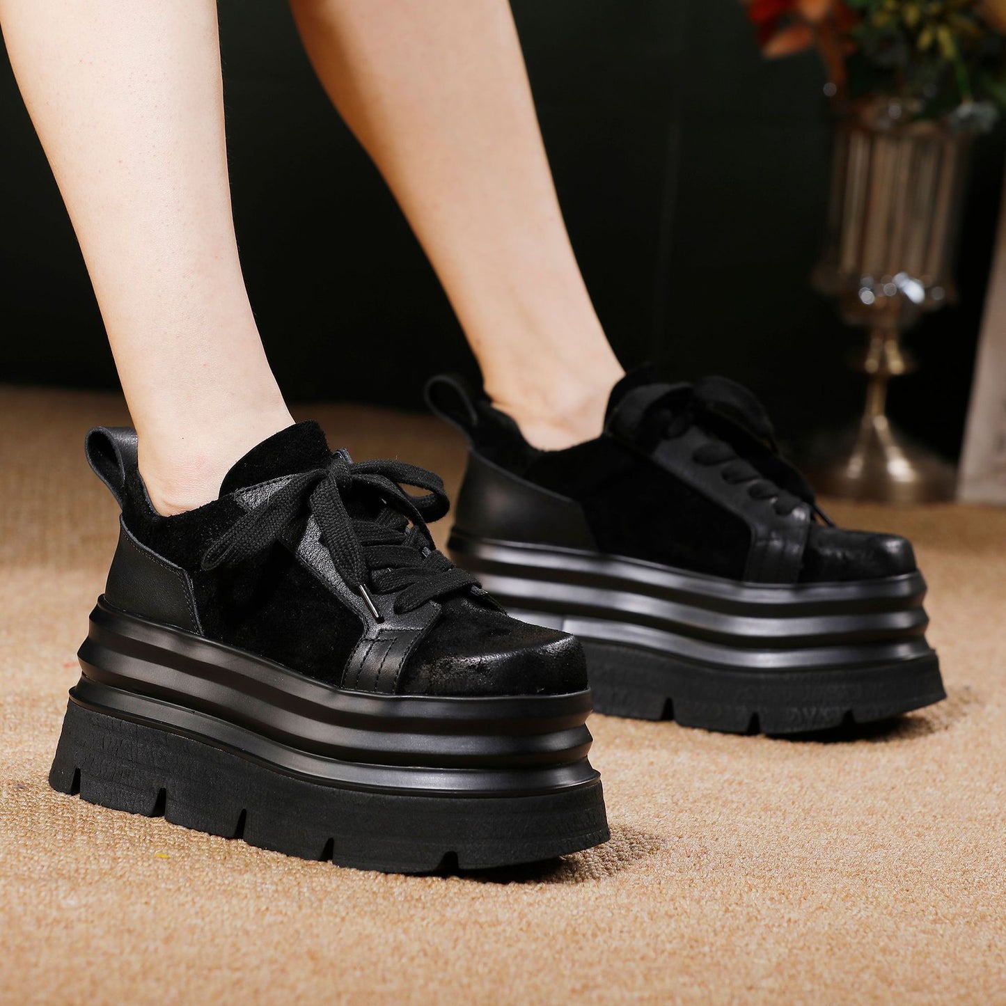 Women's First Layer Cowhide Lightweight Platform Lace Women's Casual Shoes