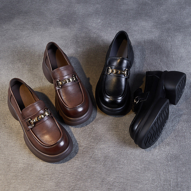 Women's British Retro Brown Medium-sized Mouth Platform Leather Shoes