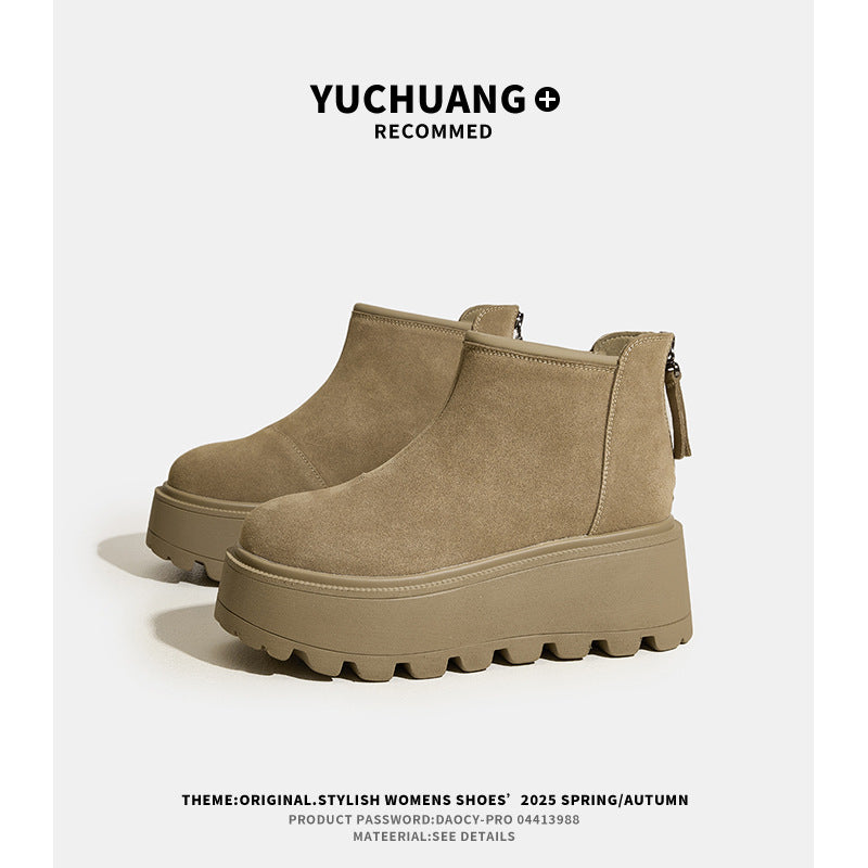 Women's Cow Suede Platform Ankle Early Autumn Matte Hidden High-grade Retro Women's Leather Boots