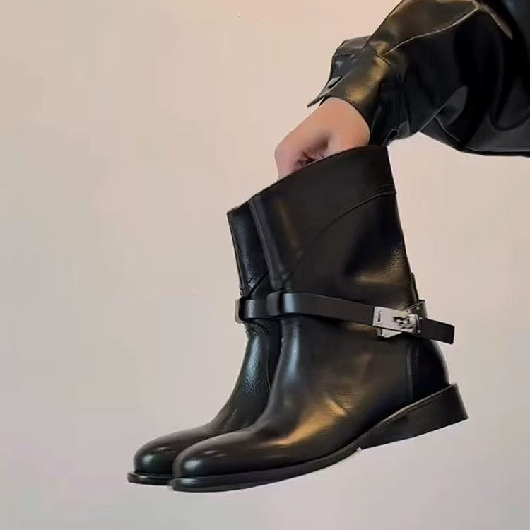 Women's Soft Round Head Chunky British Style Metal Buckle Versatile Women's Leather Boots