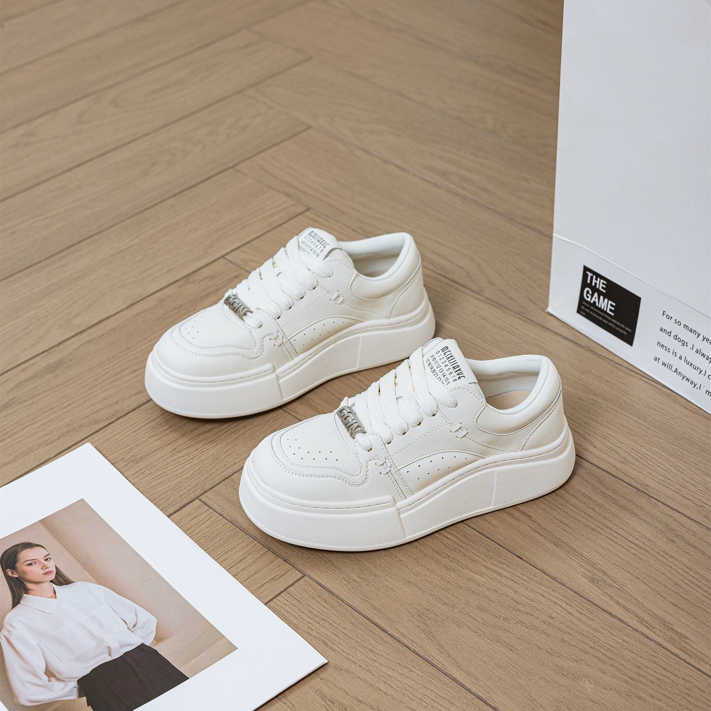 Women's White Thick Bottom Bread Design Sports Sneakers