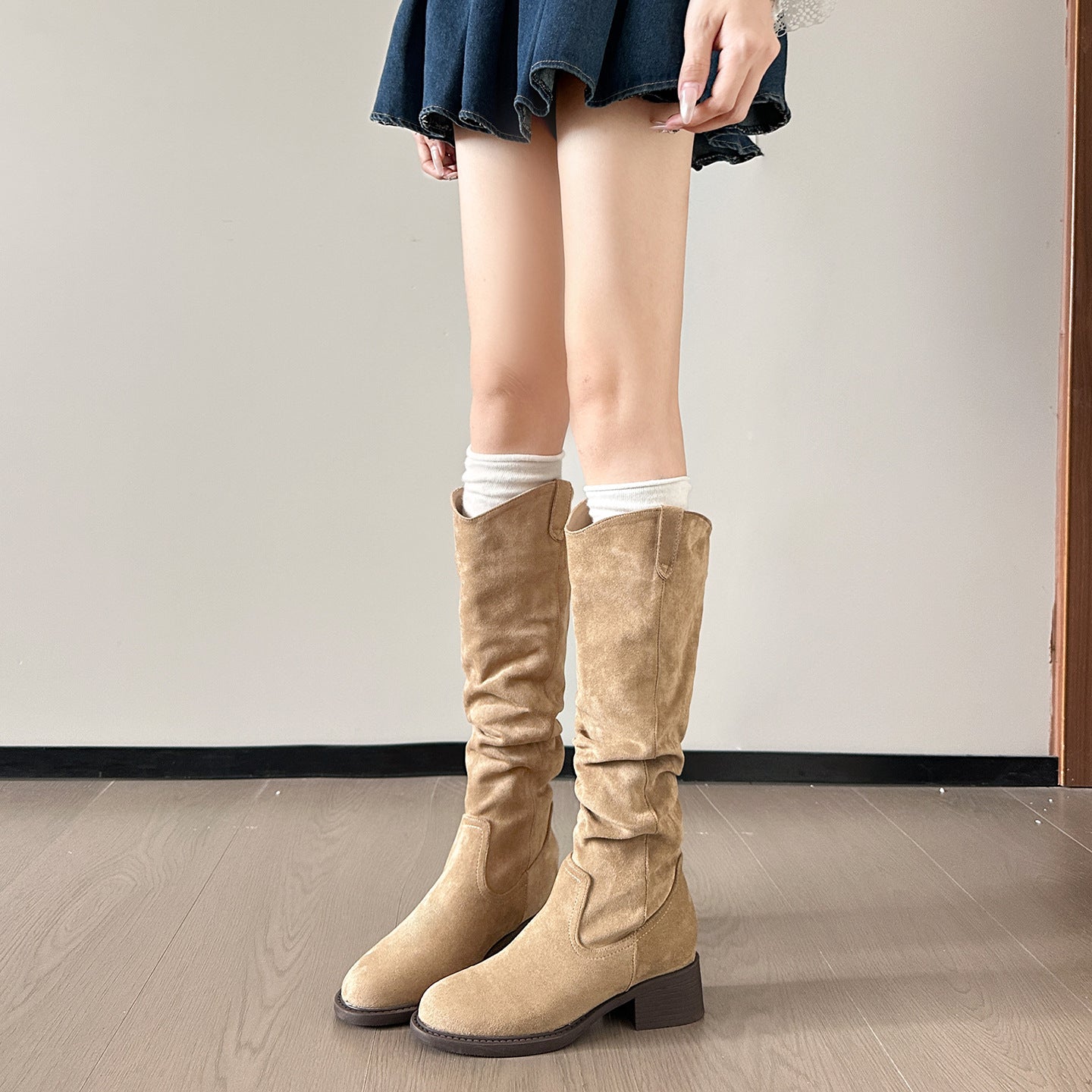 Women's Pile Style Chunky High Top Martin French Early Autumn Suede Women's Leather Boots