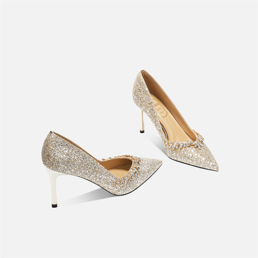 Yarn Bridal Banquet Temperament Sequined High Sheepskin Pointed Toe Design Heels