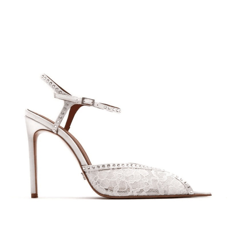 Women's Pointed Lace Stiletto Rhinestone Wedding Reception High Heeled Sandals