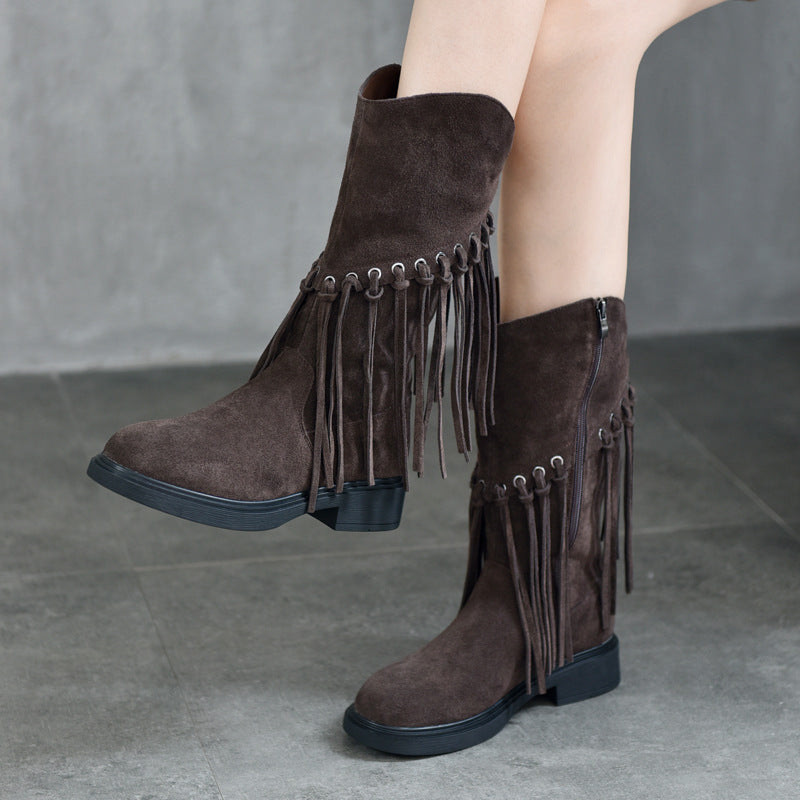 Mid Retro Western Denim Cotton Genuine Martin Fashion Women's Leather Boots