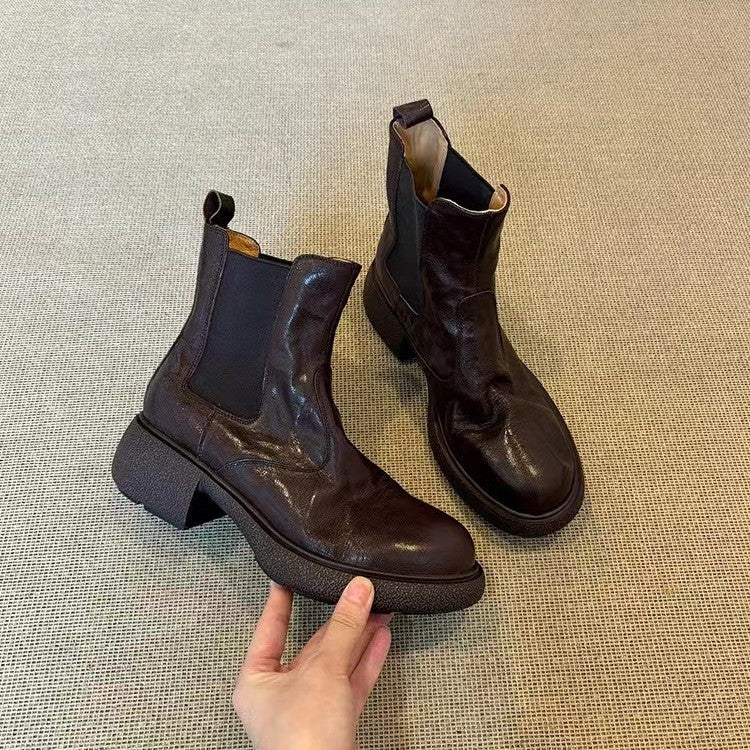 Women's Authentic Retro Platform Martin Texture Fashionable Chelsea Short Women's Leather Boots