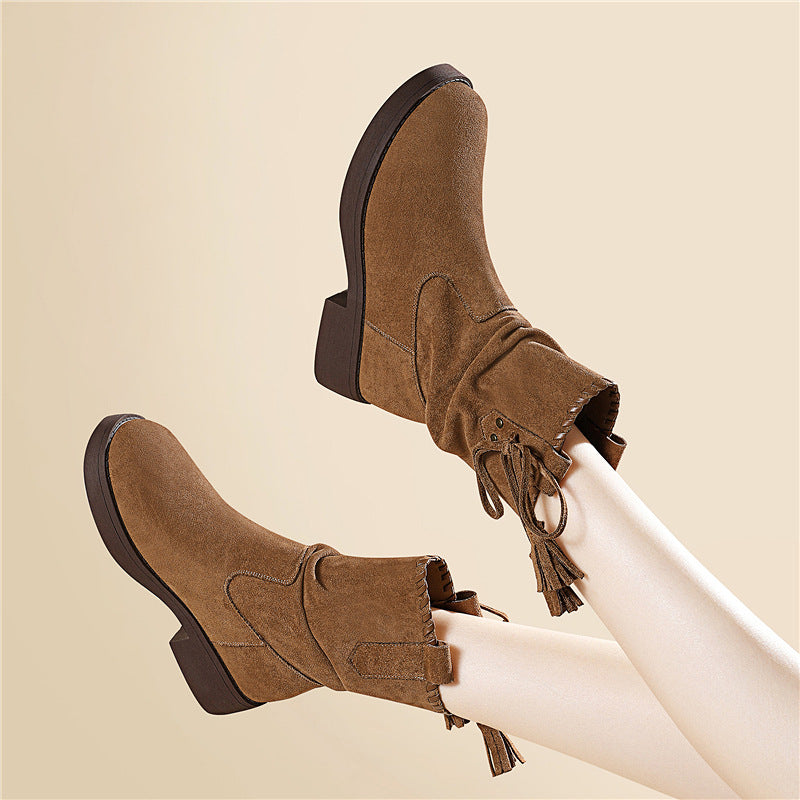 Women's Height Increasing Insole Retro Ankle Western Martin Round Toe Short Women's Leather Boots