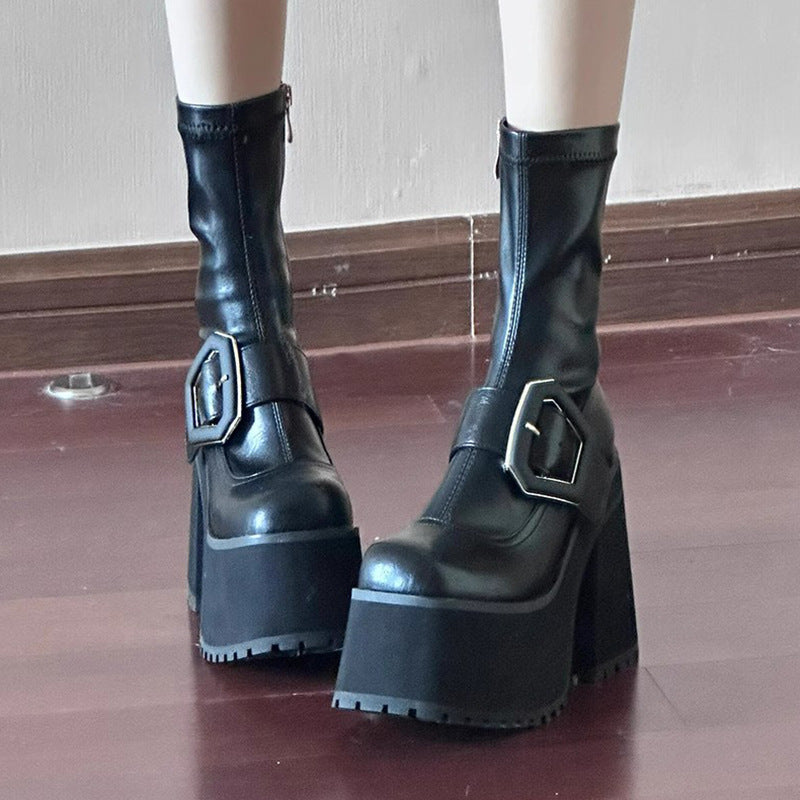 Thick Bottom Chunky Niche Short Female Hot Belt Buckle Waterproof Heels