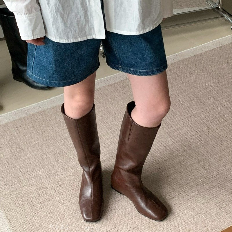 Women's Style Chunky Square Toe High Below The Knee Single White Women's Leather Boots