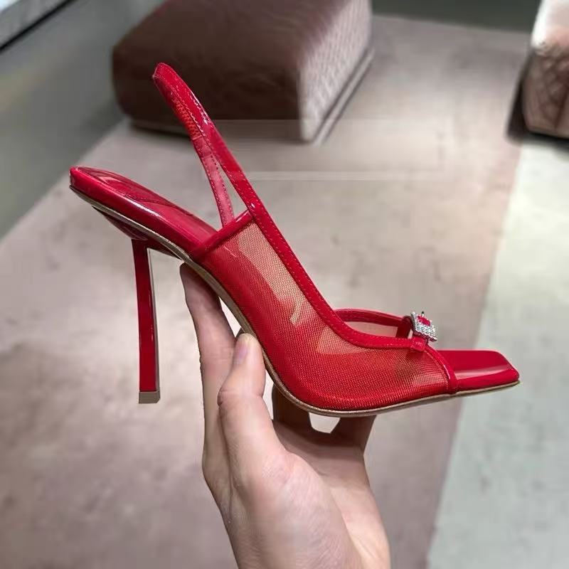 Women's Retro Square Toe Buckle Open Red Mesh One Strap French High Heeled Sandals