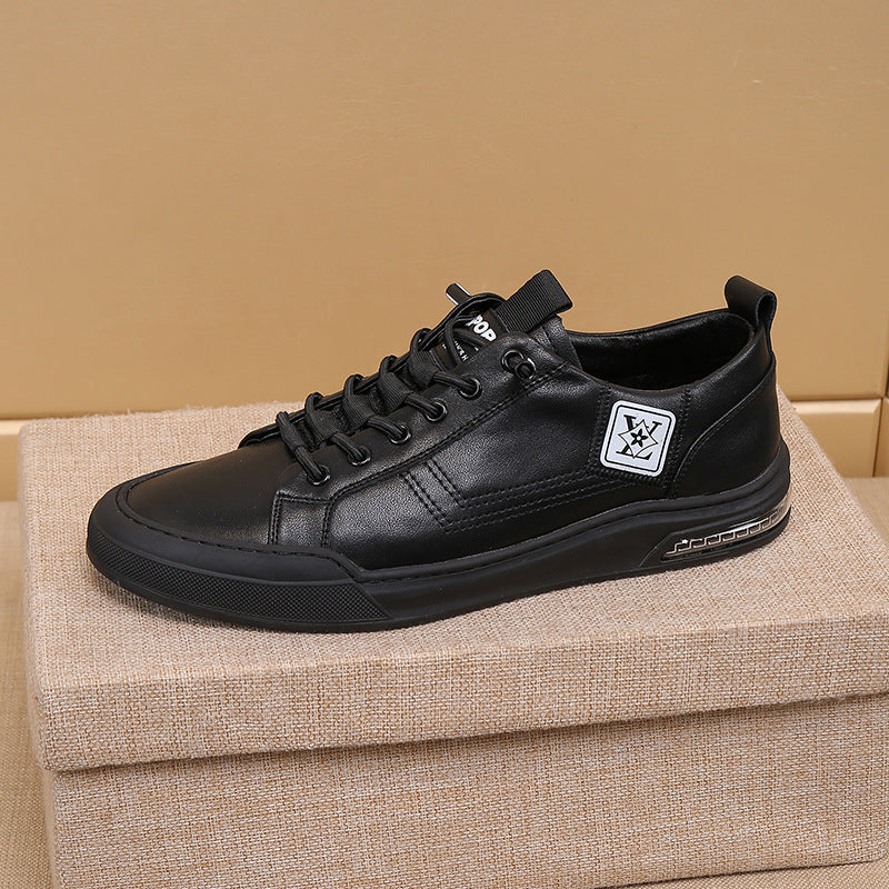 Men's Layer Cowhide Flat Fashion Trendy Black Sneakers