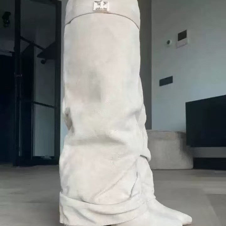 Women's Pointed Straight Pleated Metal Buckle Long Tube Large Size Thick Women's Leather Boots