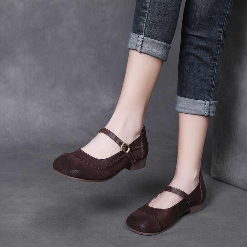 Women's Cowhide Retro Flat Mary Jane Four Soft Women's Shoes