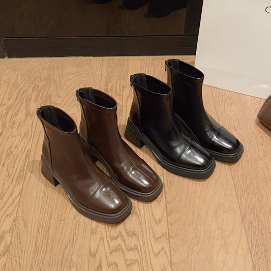 Women's Small Size Thick Back Zipper Brown Ankle Retro Korean Women's Leather Boots