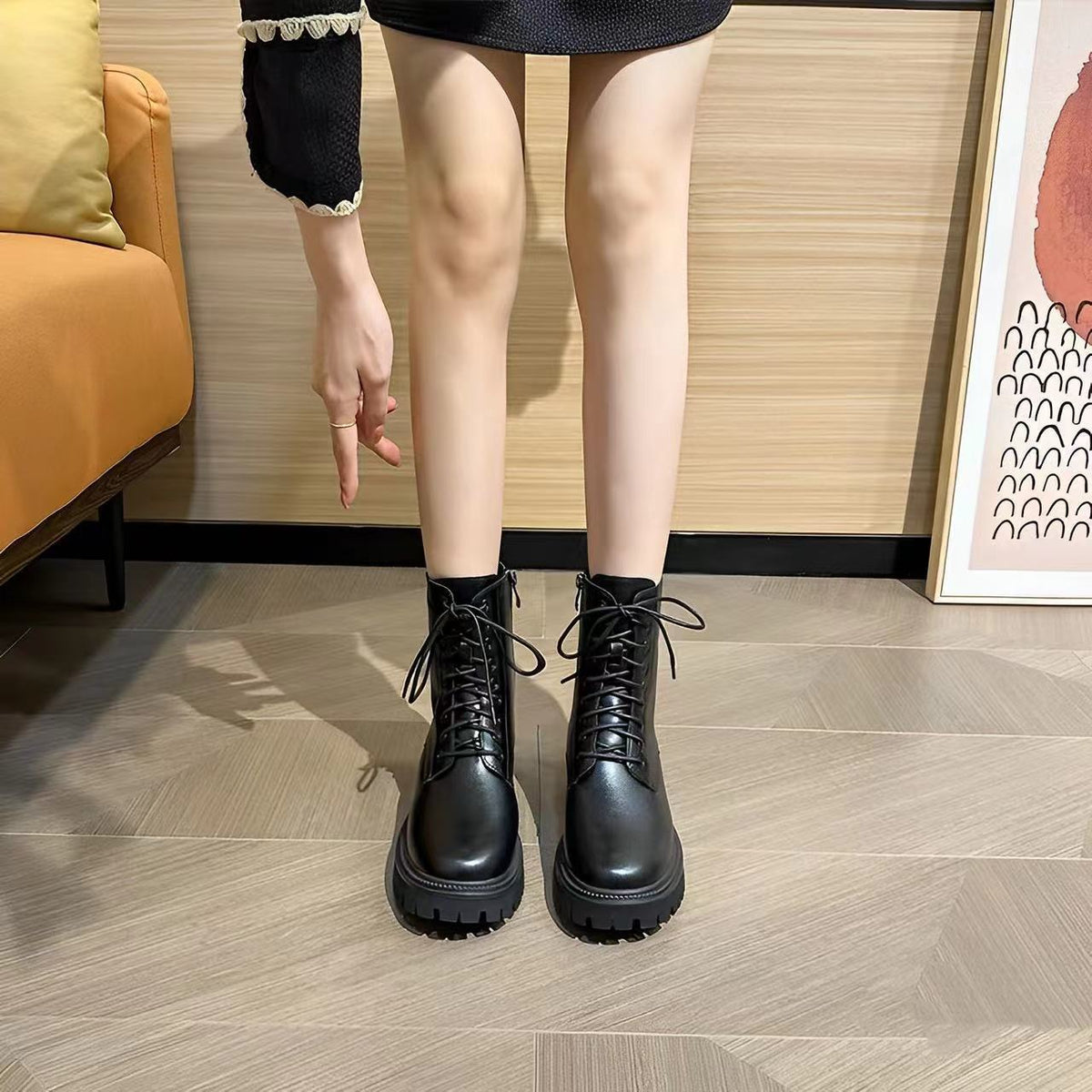 Women's Martin British Style Fleece-lined Brown Coffee Color Platform Ankle Women's Leather Boots