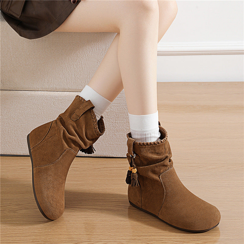 Women's Height Increasing Insole Retro Ankle Western Martin Round Toe Short Women's Leather Boots