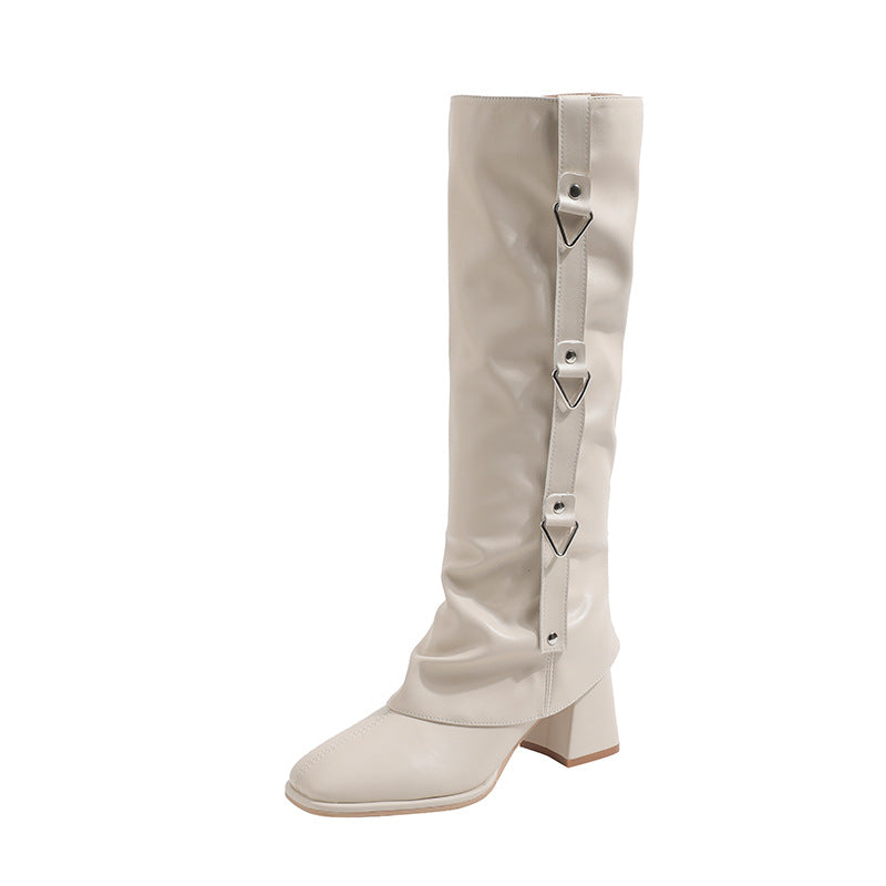 Women's White Detachable Two-way Pants Pipe Square Women's Leather Boots
