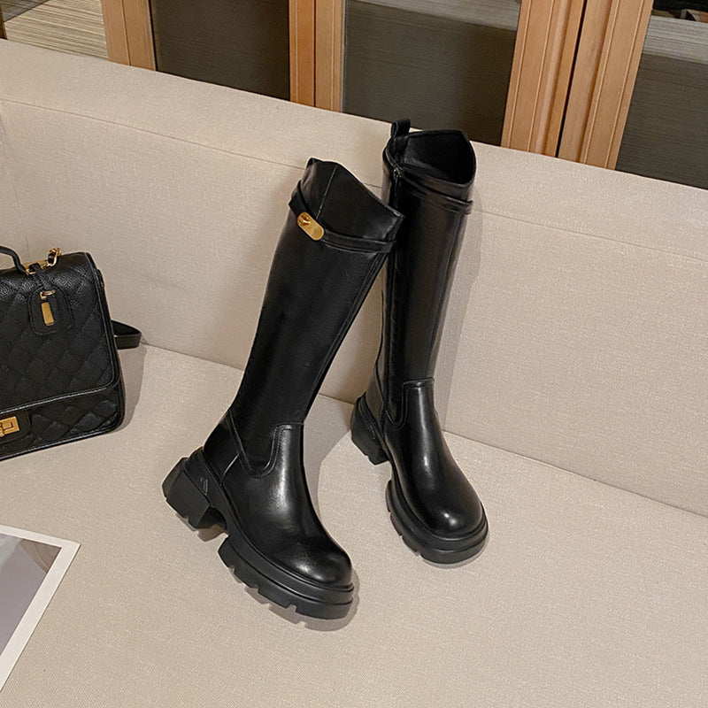 Women's Small Below The Knee Thick Long Tube Platform Knee-high Slimming Women's Leather Boots
