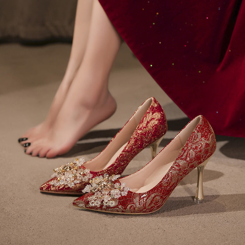 Women's Chinese Style Dress Red Wedding Stiletto High Bridal Plus Heels