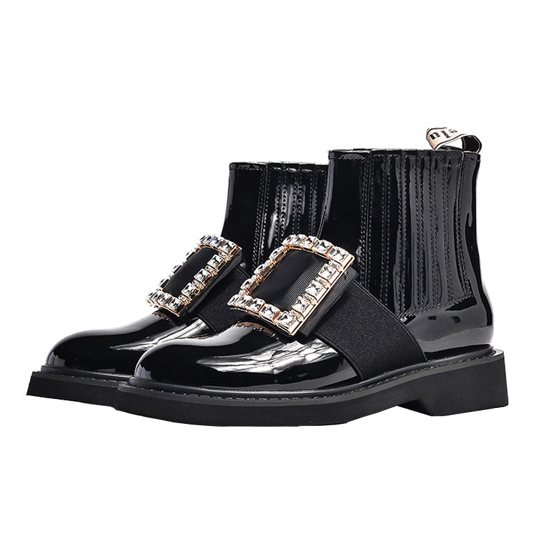 Women's Diamond Square Buckle Martin Round Toe Low Sleeve Short Patent Women's Leather Boots
