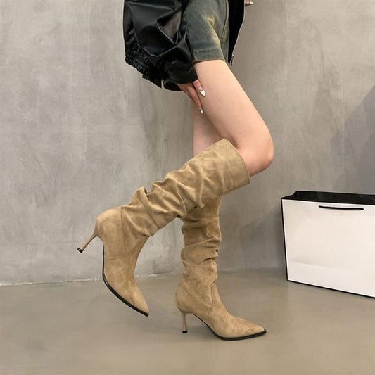 Stiletto Pointed Toe Long Pleated Pile Women's Leather Boots