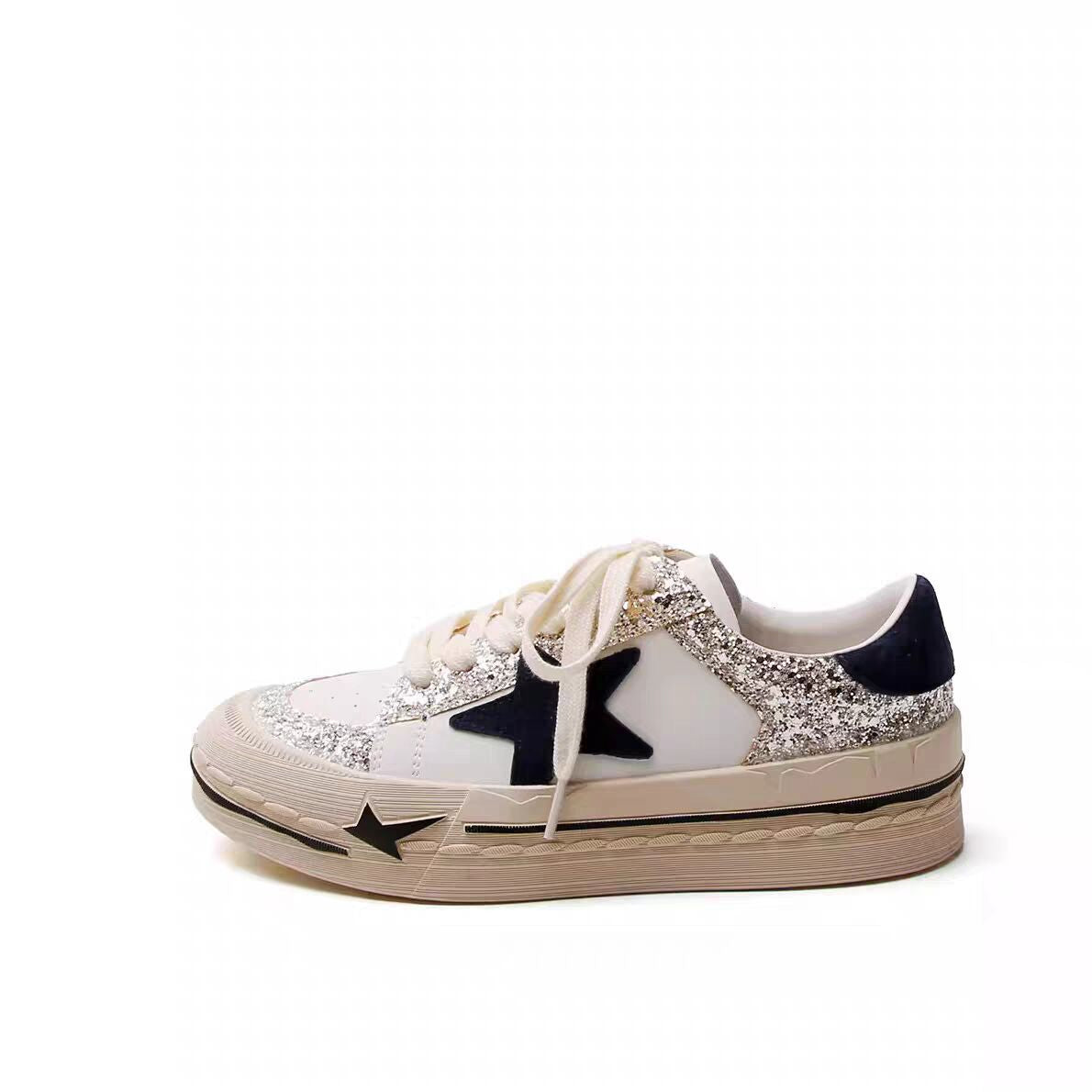 Women's Retro Sier Star Pattern White Spring Sports Platform Sneakers