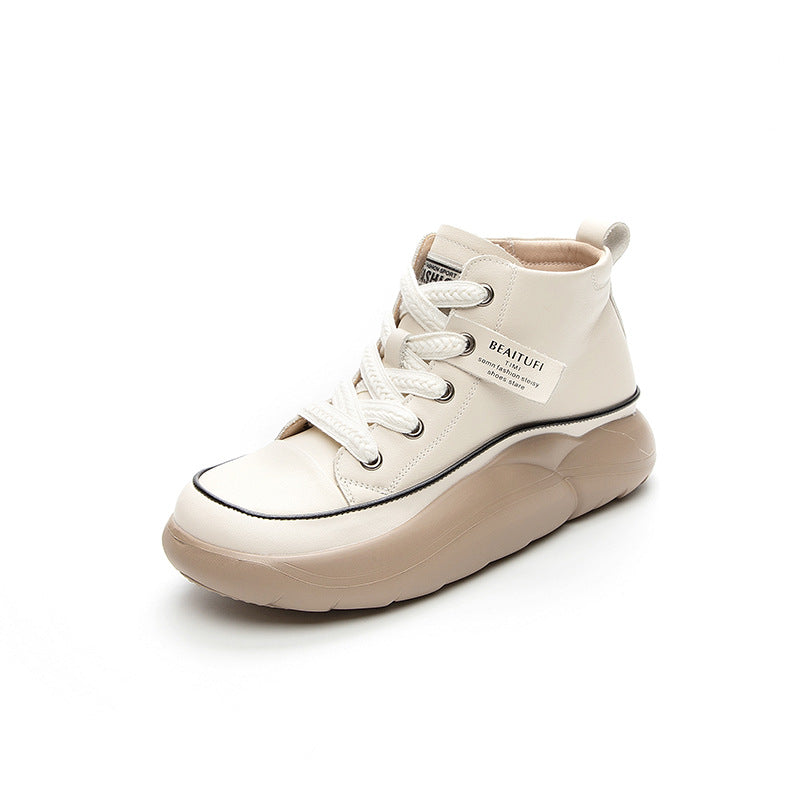 Women's Layer Cowhide White Spring Thick Bottom Nurse Casual Shoes