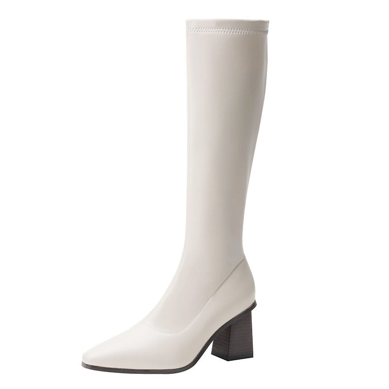 Long Female Cowhide Square Toe High Fleece-lined Stretch Below Boots