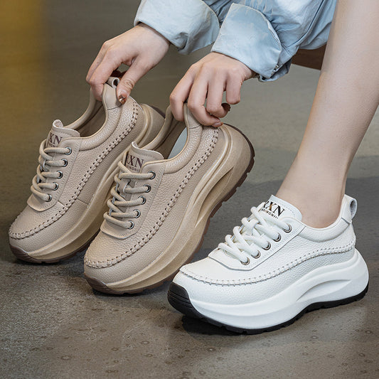 Women's Layer Cowhide Muffin Thick Genuine Retro Bottom Sports Show Feet Women's Casual Shoes