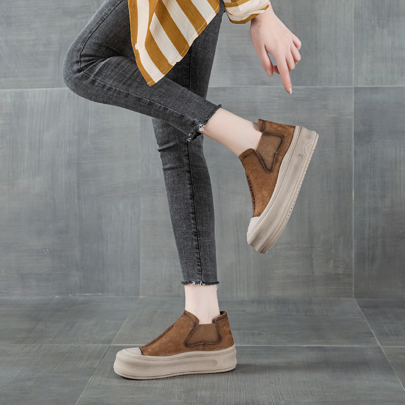 Women's First Layer Cowhide Board Autumn Retro Platform Height Increasing Women's Leather Boots