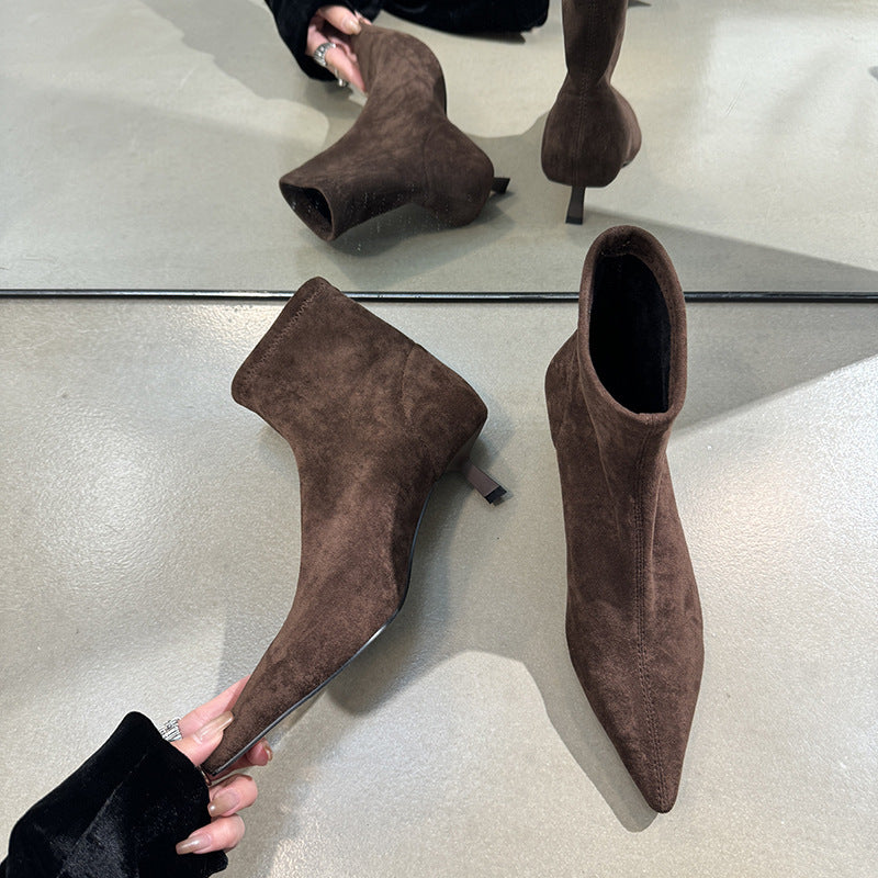 Women's Sheepskin Ankle Sleeve Elastic Thin Kitten Pointed Toe Women's Leather Boots