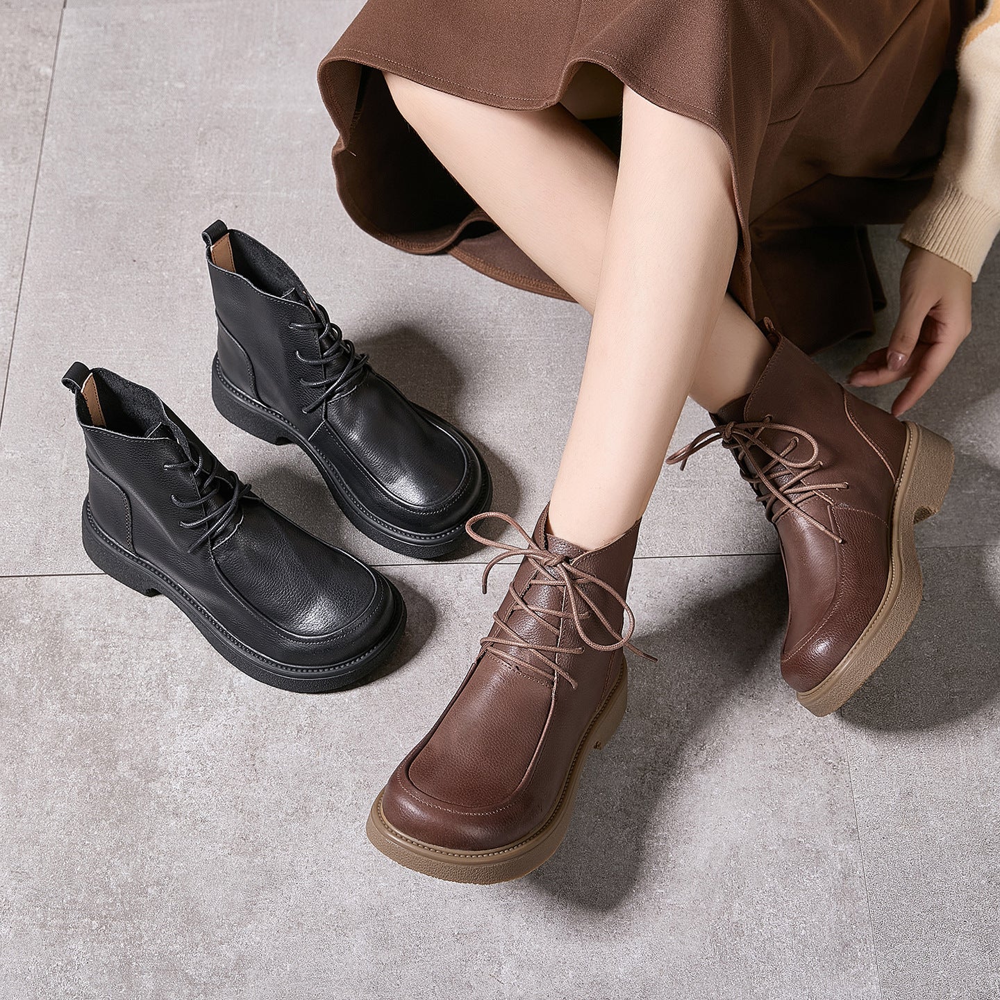 Women's Genuine Large Toe Wide Ankle Retro British Style Small Cowhide Women's Leather Boots