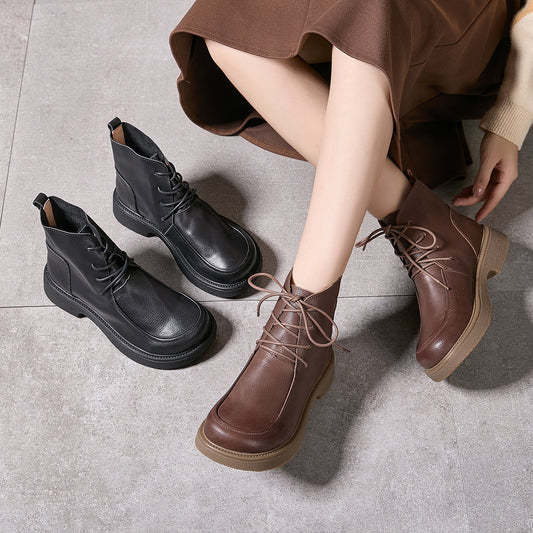 Women's Genuine Large Toe Wide Ankle Retro British Style Small Cowhide Women's Leather Boots