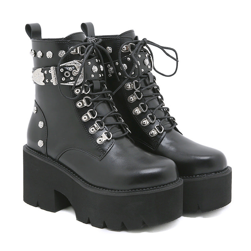 Women's Toe Side Zipper Martin For Lace Up Muffin Bottom Height Women's Leather Boots
