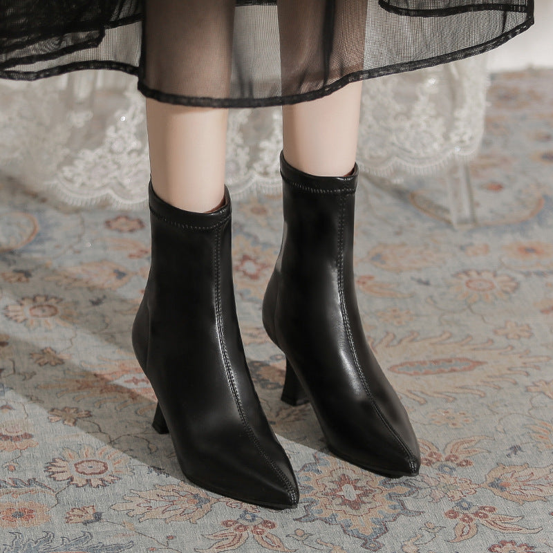 Women's White Ankle High French Stiletto Pointed Toe Back Zipper Women's Leather Boots
