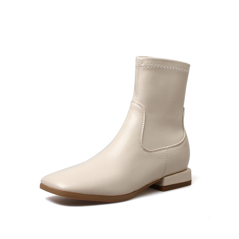 Women's Small Beige Flat Ankle Simple Stretch Women's Leather Boots