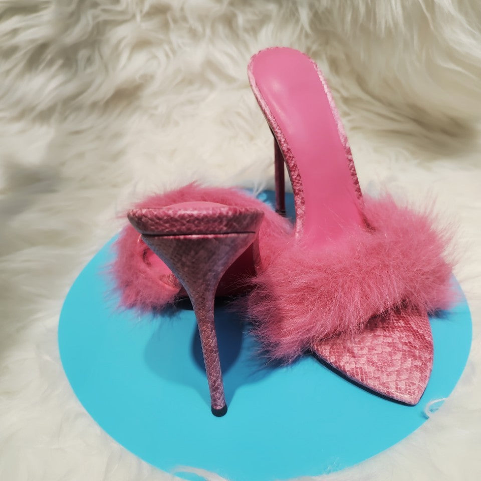 Plaid Feather Mules Roman Pointed Stiletto Heels
