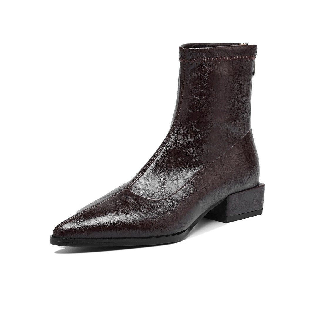Women's Low Brown Stretch Thin Short Retro Women's Leather Boots