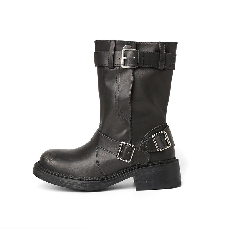 Women's Niche Retro Round Head Chunky For Buckle Heels