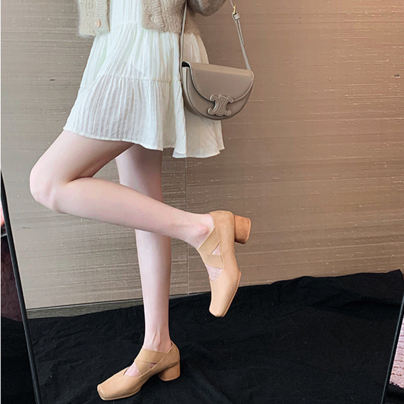 Jane Pumps French Retro Cross Strap Square Toe Women's Shoes