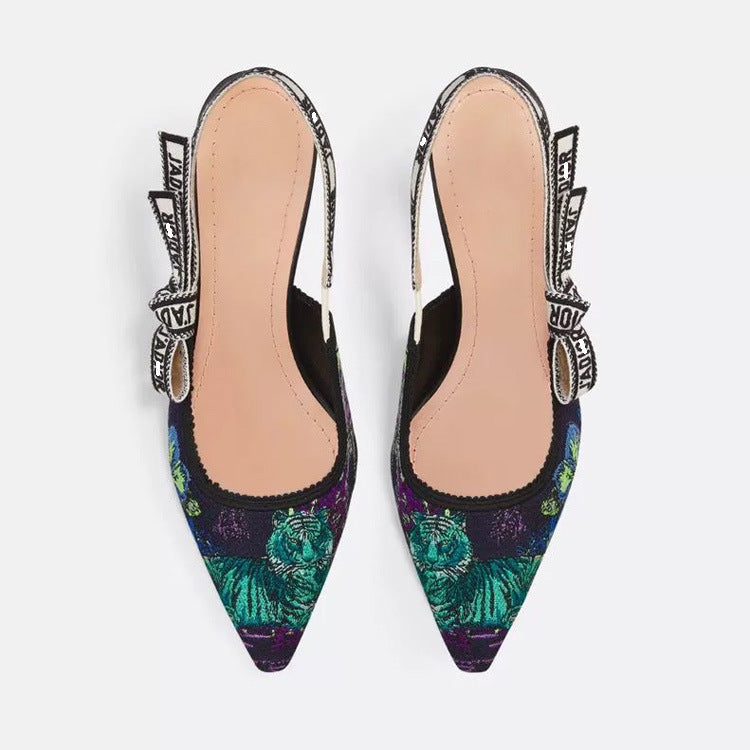 Tiger Embroidered Summer Bow Cat Closed Toe High Heeled Sandals