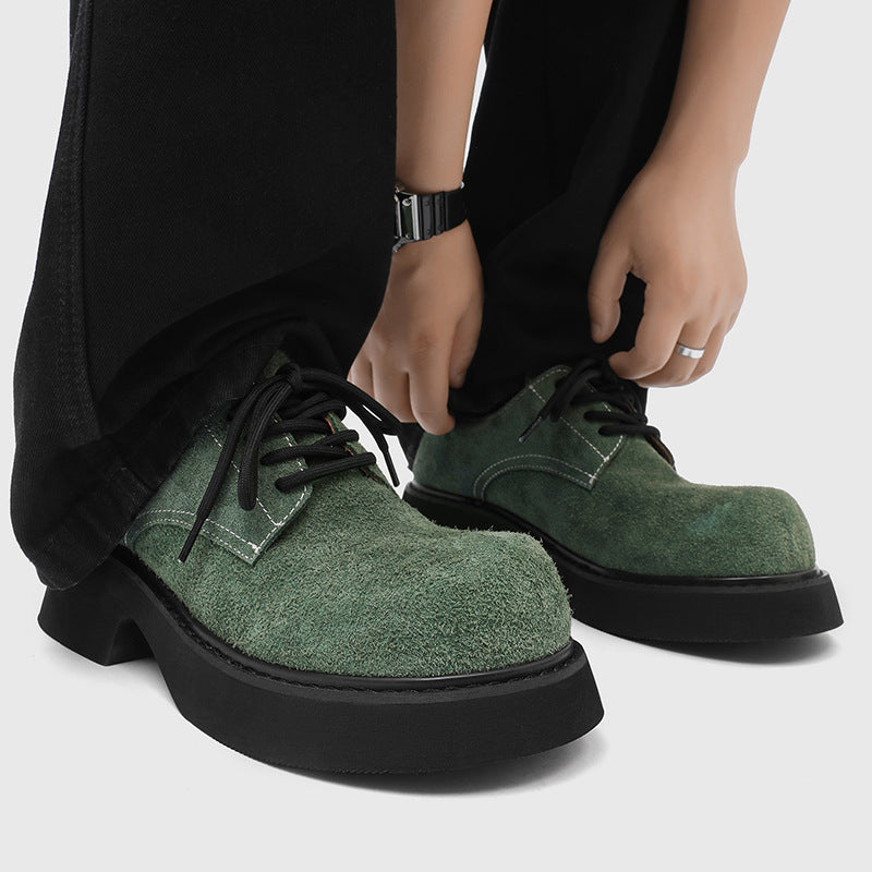 British Style Long Fur Apple Green Leather Shoes