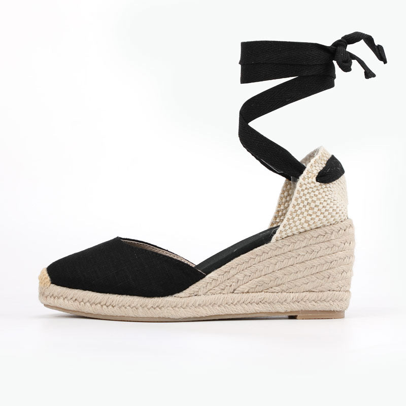 Women's Solid Color Hemp Sole Strap Wedge Sandals